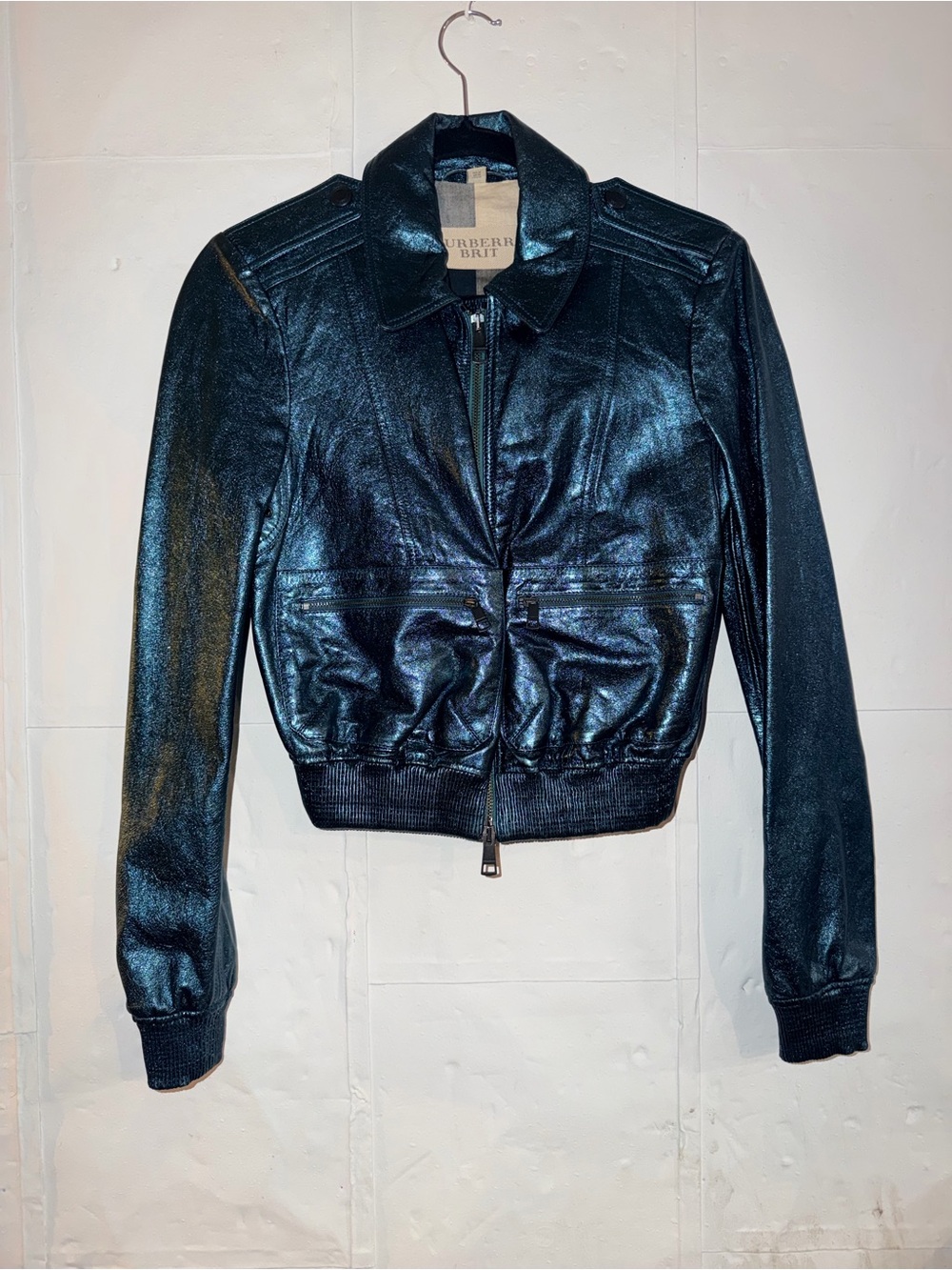 Burberry Brit Goat metallic Green Leather Cropped Bomber Jacket with Zip Front